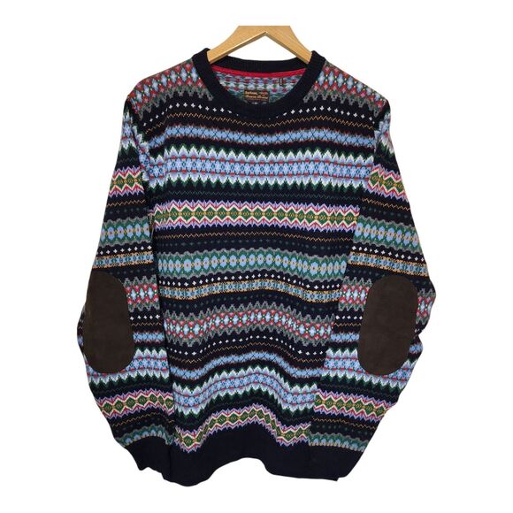 Barbour Merino Wool Sweater Nordic Fair Isle Houndstooth Men's XXL Elbow Patches - Picture 1 of 14